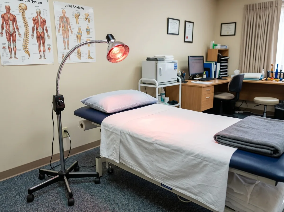 Infrared Heat Therapy Lamp beside Clinical Treatment Bed