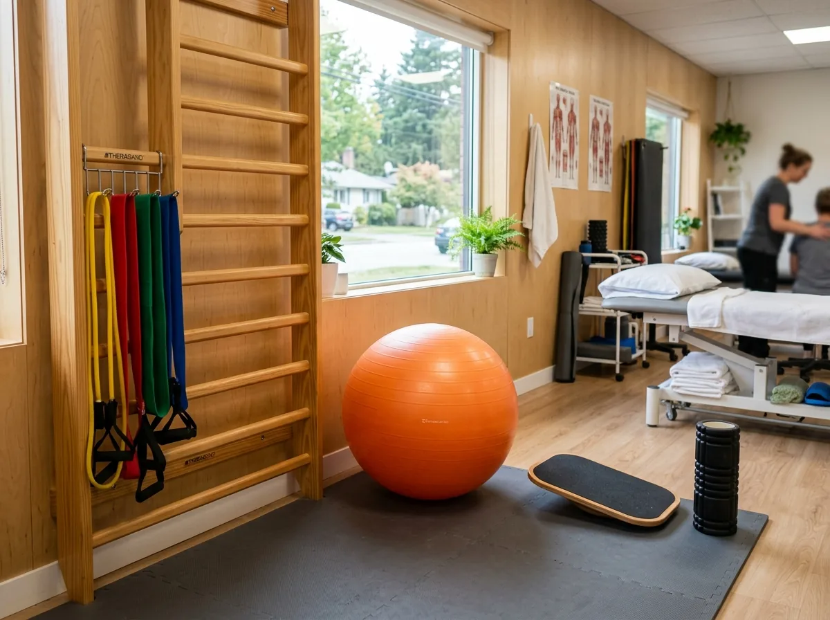 Rehabilitation Gym Corner with Swiss Ball, Resistance Bands, Stall Bar